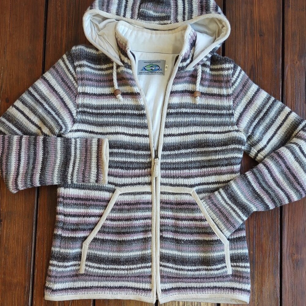 Laundromat Nepal 100% Wool Striped Hooded Sweater Jacket Full Zip Women Medium - Picture 4 of 12